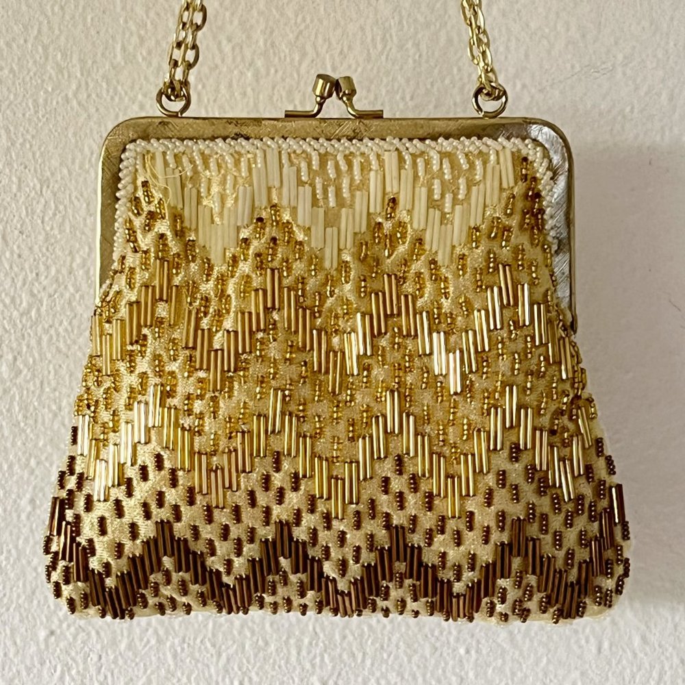 Vintage Fine Arts Bag Co. Inc. New York Gold Chevron Small Beaded Evening Bag